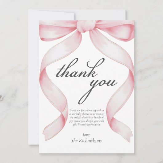Pink Bow Baby shower Dank u kaart (Voorkant)