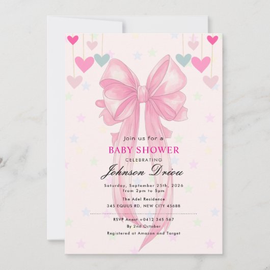 Pink Bow Baby Shower | Elegant Watercolr Kaart (Voorkant)