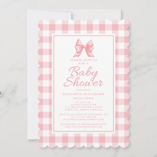 Pink Bow Baby shower Gingham Pastel Girly Elegant Kaart (Voorkant)