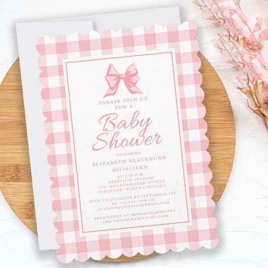 Pink Bow Baby shower Gingham Pastel Girly Elegant Kaart
