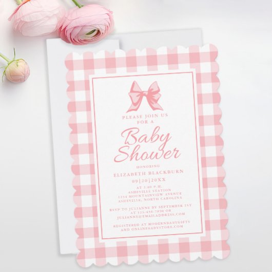Pink Bow Baby shower Gingham Pastel Girly Elegant Kaart