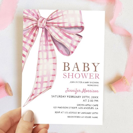 Pink Bow Baby shower Girl Waterverf Uitnodiging