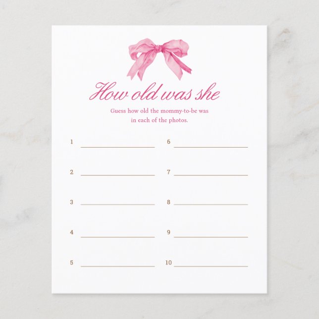 Pink Bow Baby shower Hoe oud was ze leeftijd spel (Voorkant)