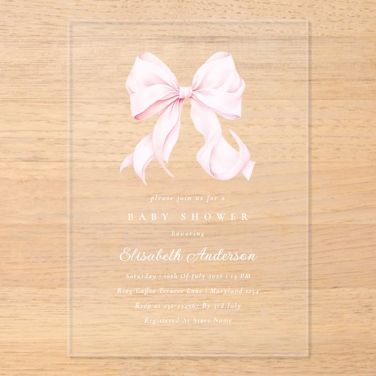 Pink Bow Baby Shower Invitation Acryl Uitnodigingen (Voorkant)
