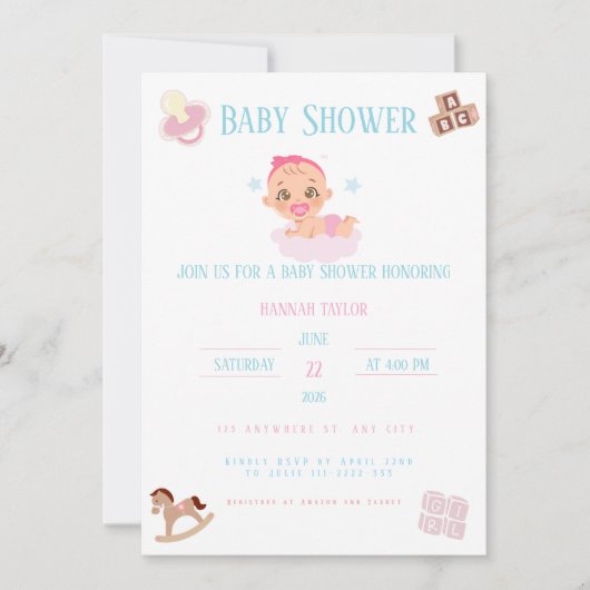 Pink Bow Baby Shower Invitation Customizable Kaart (Voorkant)