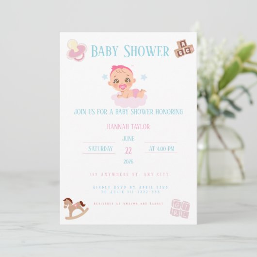 Pink Bow Baby Shower Invitation Customizable Kaart (Staand voorkant)