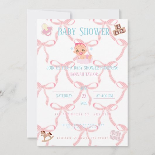 Pink Bow Baby Shower Invitation Customizable Kaart (Voorkant)