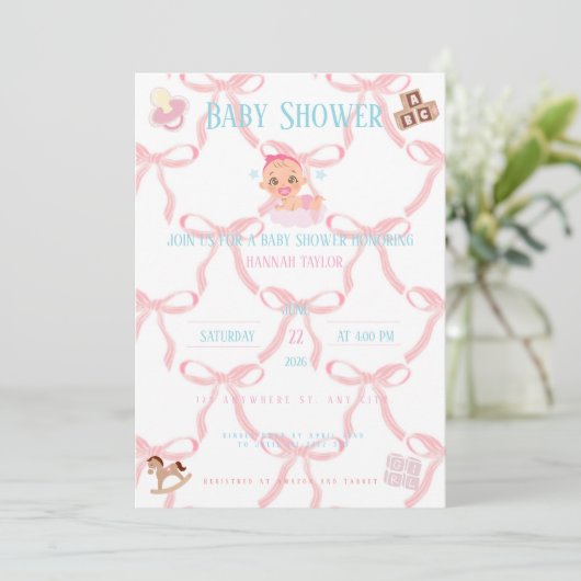 Pink Bow Baby Shower Invitation Customizable Kaart (Staand voorkant)