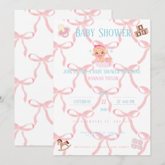 Pink Bow Baby Shower Invitation Customizable Kaart (Voorkant / Achterkant)
