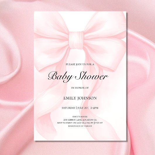 Pink Bow Baby Shower Invitation | Elegant Coquette Kaart