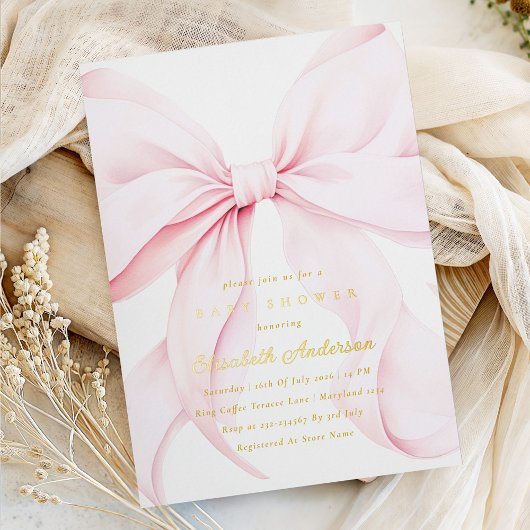 Pink Bow Baby Shower Invitation Folie Uitnodiging