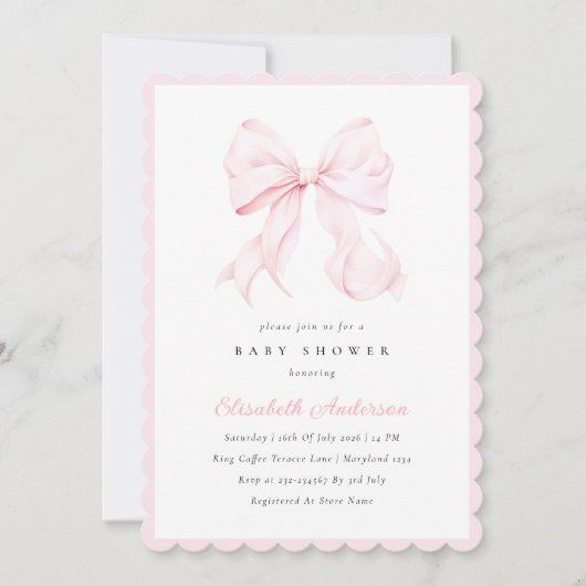 Pink Bow Baby Shower Invitation Kaart (Voorkant)