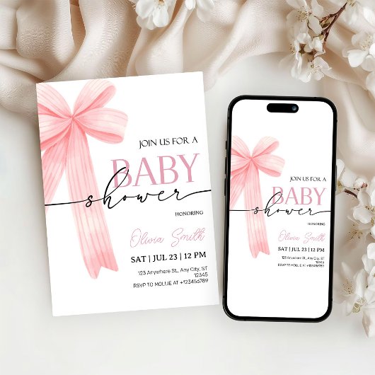 Pink Bow Baby Shower Invitation Kaart
