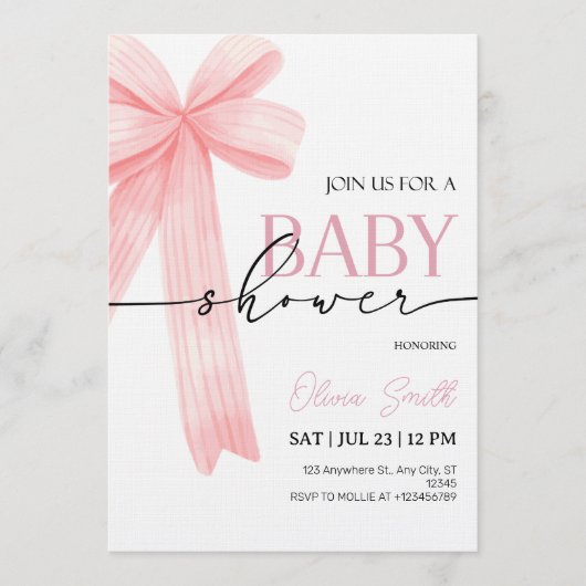 Pink Bow Baby Shower Invitation Kaart (Voorkant)