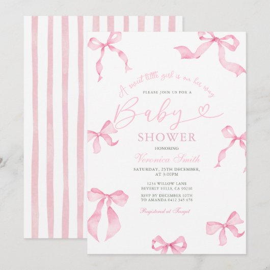 Pink Bow Baby Shower Invitation Kaart (Voorkant / Achterkant)