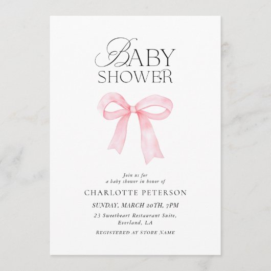Pink Bow Baby Shower Invitation Kaart (Voorkant)