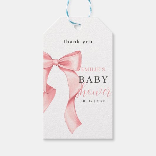 Pink Bow Baby shower Invitation, Roze Coquette Cadeaulabel (Voorkant)