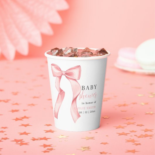Pink Bow Baby shower Invitation, Roze Coquette Papieren Bekers (Insitu)