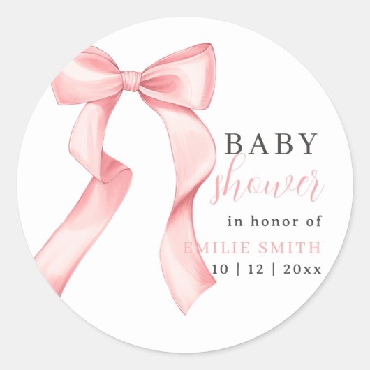 Pink Bow Baby shower Invitation, Roze Coquette Ronde Sticker (Voorkant)