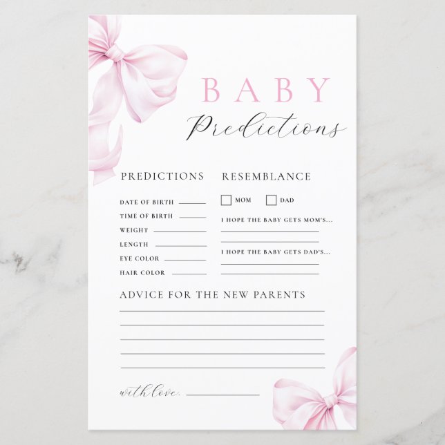 Pink Bow Baby Shower Prediction & Advice Game (Voorkant)
