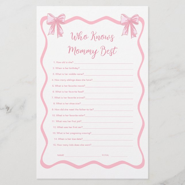 Pink Bow Baby shower spel Wie kent mama het beste (Voorkant)