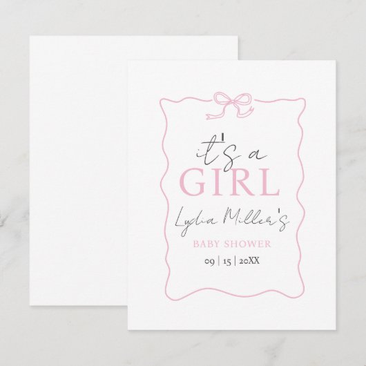 Pink Bow Baby shower Uitnodiging, Meisje Baby show (Voorkant / Achterkant)