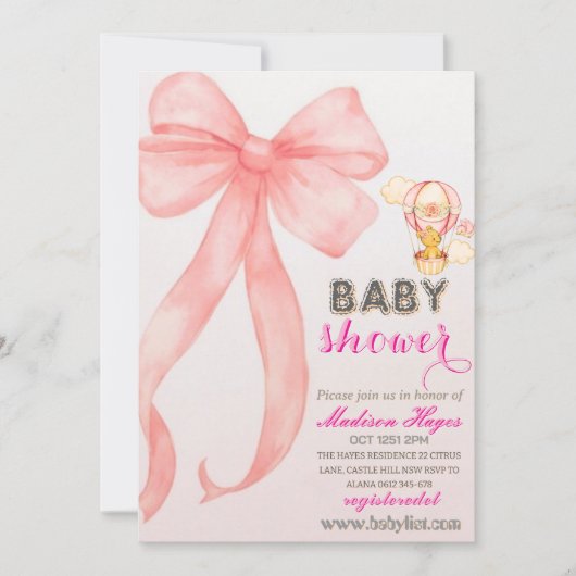 Pink Bow Baby shower UitnodigingssjabloonUitnodigi Kaart (Voorkant)