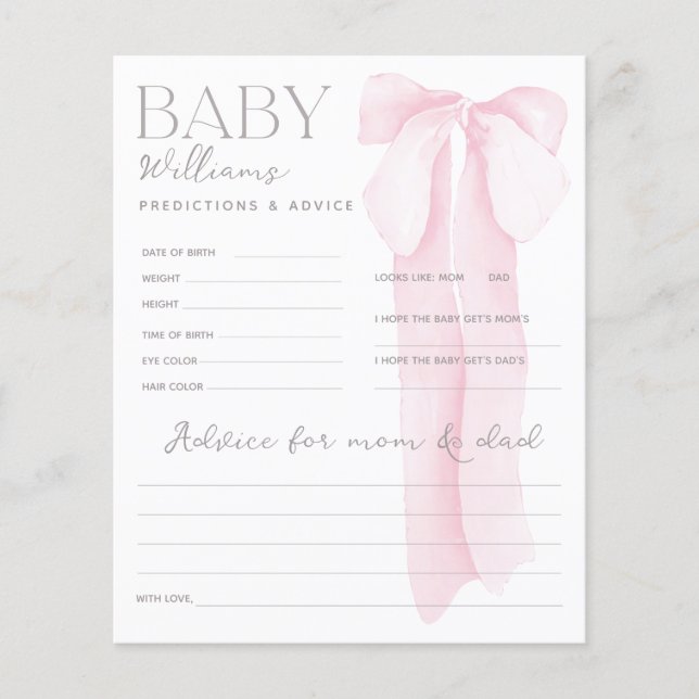 Pink Bow Baby shower VOORSPELLINGEN & ADVIES Spel (Voorkant)