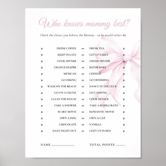 Pink Bow Baby shower Wie kent mama beste spel Poster (Voorkant)