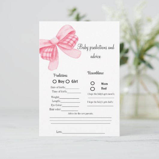 Pink Bow baby voorspelling Baby shower spel Kaart (Staand voorkant)