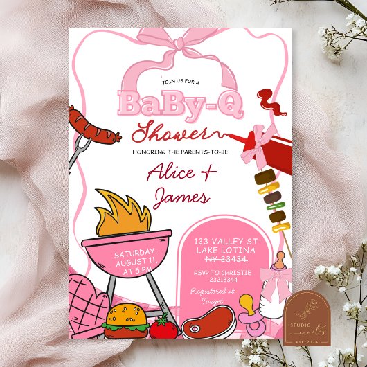 Pink Bow Backyard BabyQ Baby Shower Kaart
