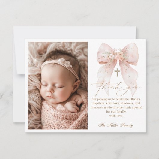 Pink Bow Baptism Flat Thank You Card Bedankkaart (Voorkant)