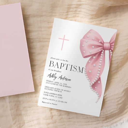 Pink Bow Baptism Girl Invitation Kaart