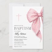 Pink Bow Baptism Girl Invitation Kaart (Voorkant)