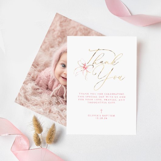 Pink Bow Baptism Thank You Photo Card Bedankkaart