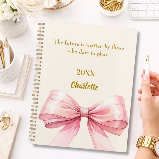 Pink bow beige cream inspirational quote 2026 planner