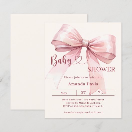 Pink bow beige girl Baby Shower invitation (Voorkant / Achterkant)