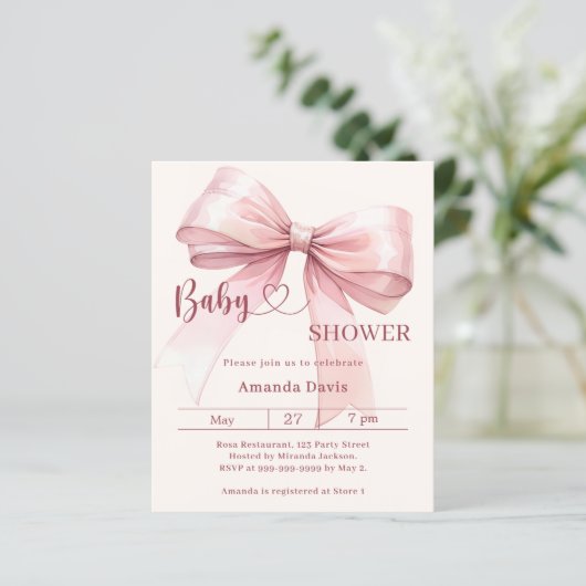 Pink bow beige girl Baby Shower invitation (Staand voorkant)