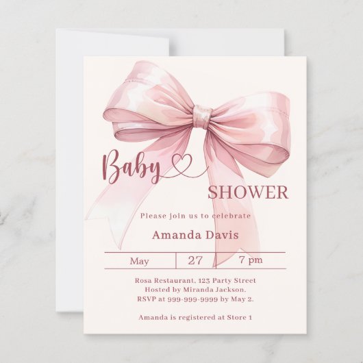 Pink bow beige girl Baby Shower invitation (Voorkant)