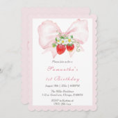 Pink Bow Berry eerste verjaardag uitnodiging Sjabl (Voorkant / Achterkant)