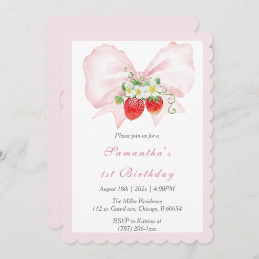 Pink Bow Berry eerste verjaardag uitnodiging Sjabl (Voorkant / Achterkant)