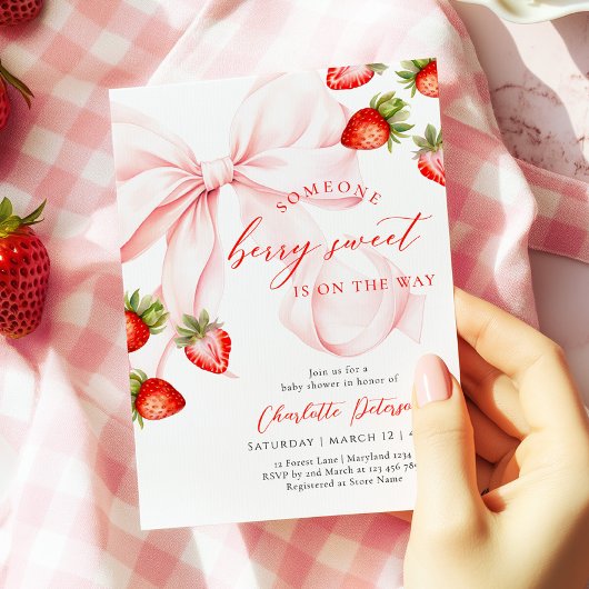 Pink Bow Berry Sweet Baby Shower Invitation Kaart