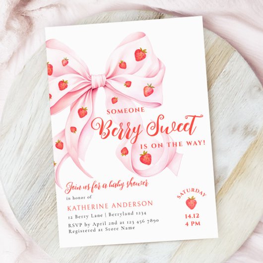 Pink Bow Berry Sweet Baby shower Kaart