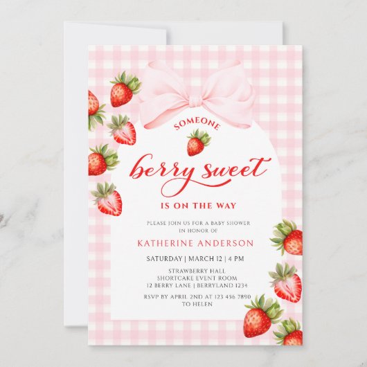 Pink Bow Berry Sweet Strawberry Baby shower Kaart (Voorkant)