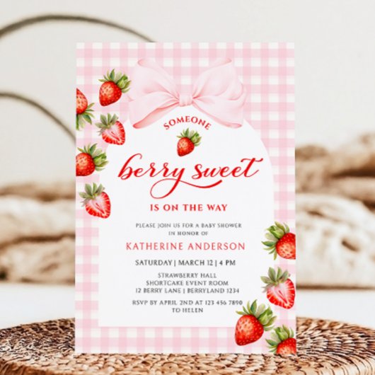 Pink Bow Berry Sweet Strawberry Baby shower Kaart