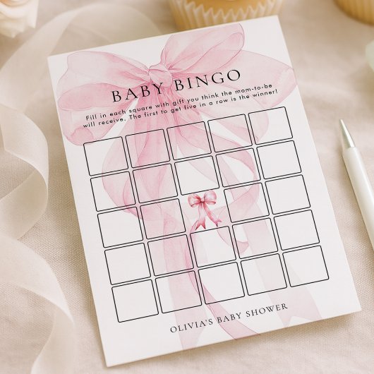 Pink Bow Bingo Baby Shower Game Card Kaart