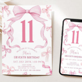 Pink Bow Birthday Invite, Girls 11th Birthday Invi Kaart