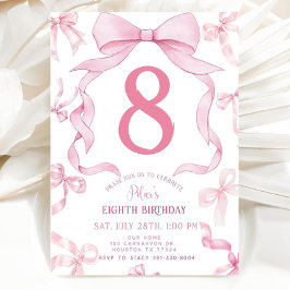 Pink Bow Birthday Invite, Girls 8th Birthday Invit Kaart