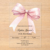 Pink bow birthday luxury clear acryl uitnodigingen (Voorkant)