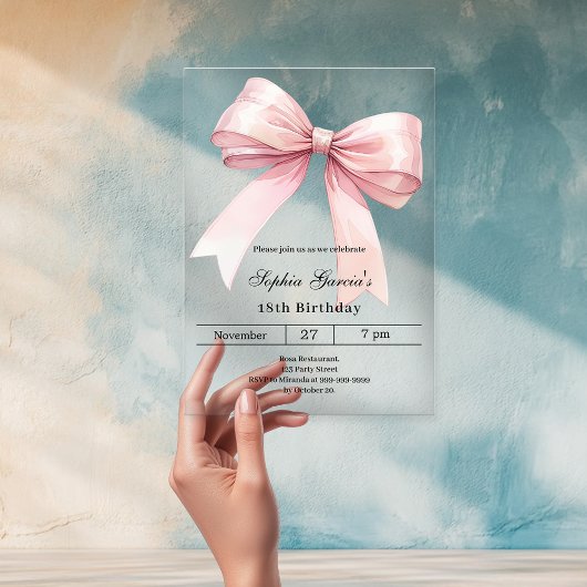 Pink bow birthday luxury clear acryl uitnodigingen